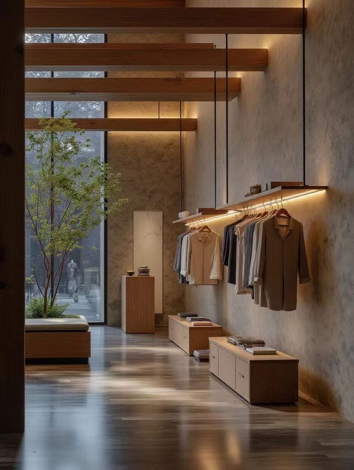 Boutique de ropa con perchas de madera