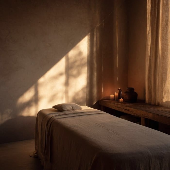 Cabina de spa con velas y camilla de masaje