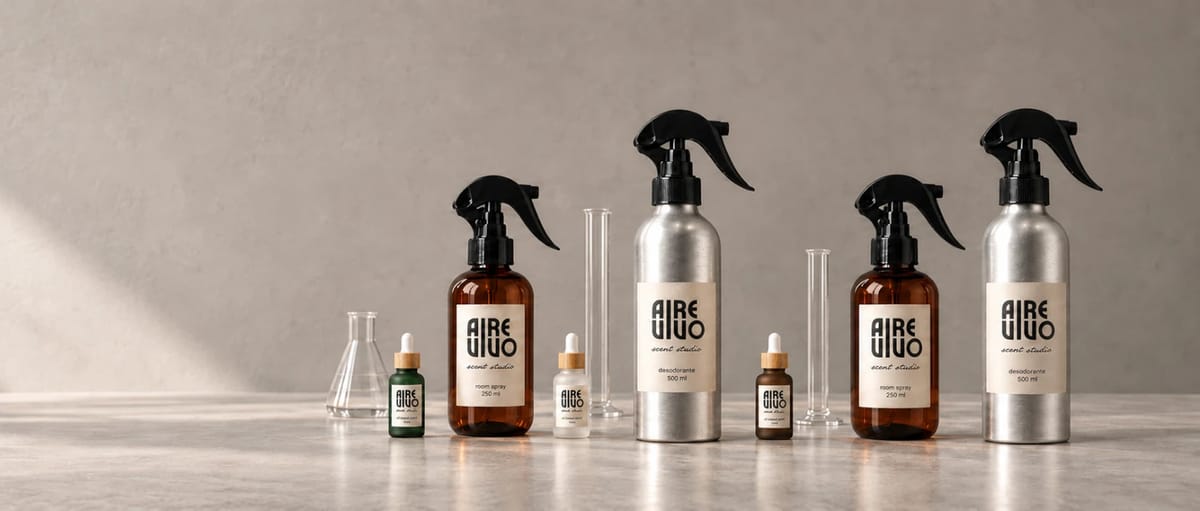Room spray, desodorante ambiental y aceite aromático de Aire Vivo, aromatizantes profesionales en México — room spray de 250 ml en botella ámbar, desodorante de 500 ml en botella de aluminio y frascos goteros de aceite de 10 ml, entre piezas de vidrio de laboratorio
