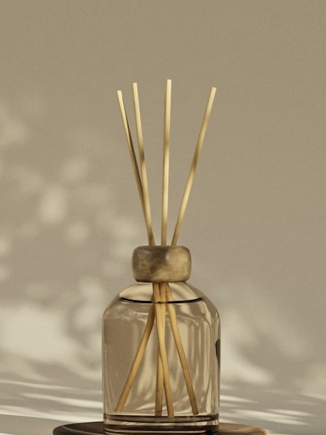 Reed, difusor de varillas para casa en México — frasco de vidrio con tapón de madera y varillas, con sombras de hojas en la pared